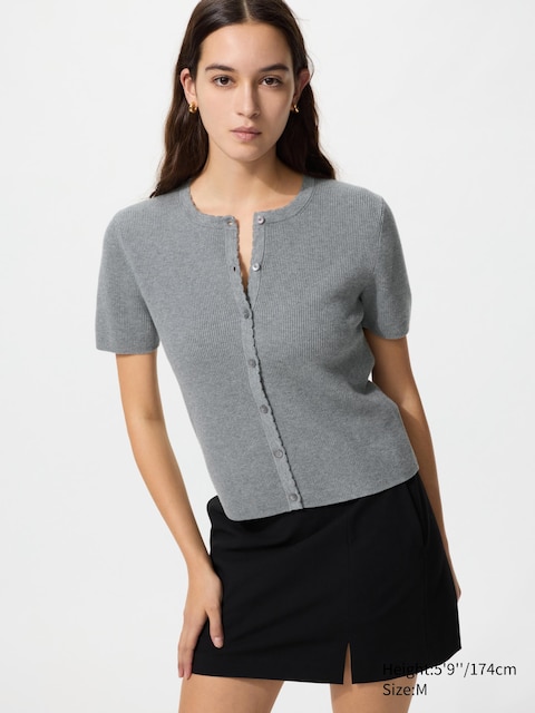 Uniqlo - Cardigan Festonné (Manches Courtes) - Gris - Xl