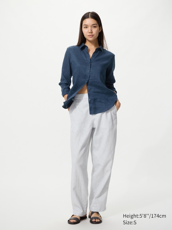 Linen Cotton Tapered Trousers (Striped, Longer)