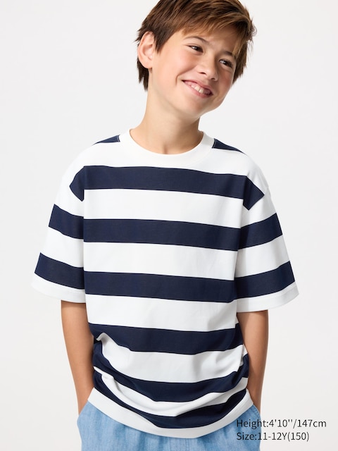 Uniqlo Unisex Navy - Airism Cotton Crew Neck T-Shirt (Striped) - 11-12 Years (150Cm)