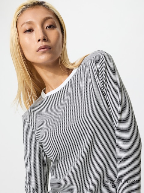 Uniqlo - T-Shirt Côtelé Doux (Manches Longues, Rayé) - Blanc Cassé - Xl