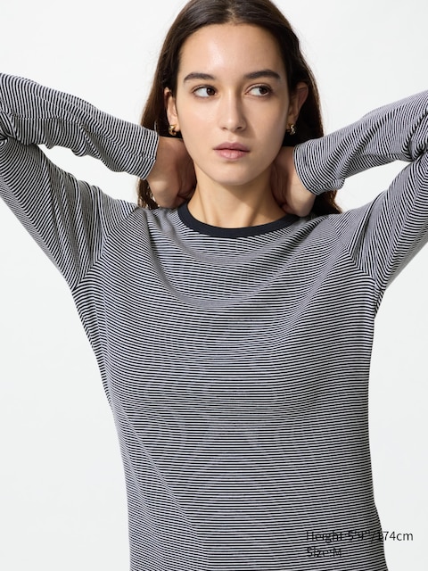 Uniqlo - T-Shirt Côtelé Doux (Manches Longues, Rayé) - Bleu Marine - Xxl