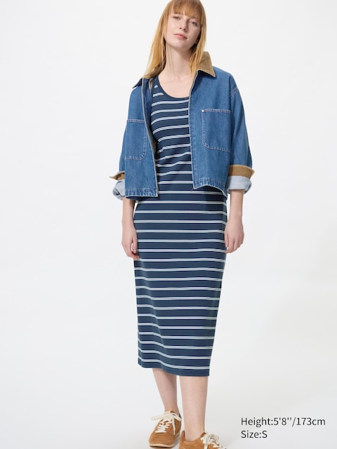 Uniqlo - Robe Côtelée À Brassière Intégrée (Sans Manches, Rayée) - Bleu Marine - Xl