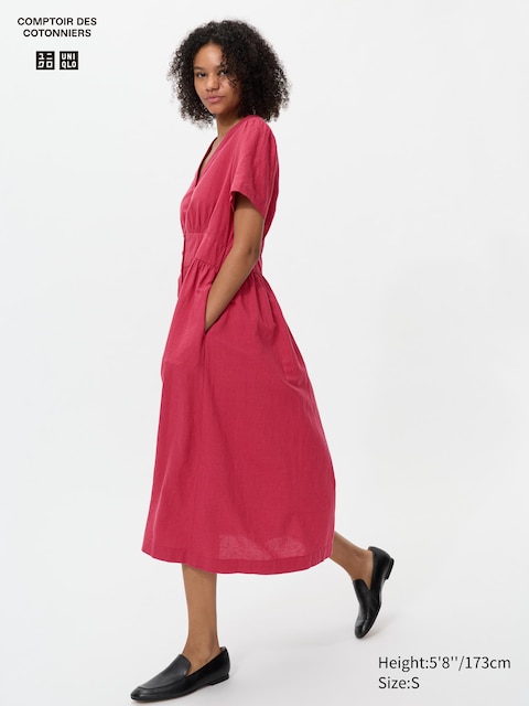 Uniqlo - Robe En Lin Mélangé (Col V, Manches Courtes) - Rouge - L