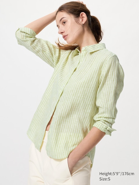 Uniqlo - Chemise 100% Lin Premium (Rayée) - Vert - Xs