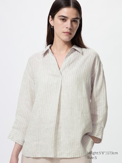 100% Premium Linen Skipper Collar Shirt (3/4 Sleeve, Striped)