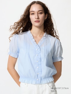 Cotton Dobby V Neck Blouse (Short Sleeve)