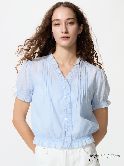 Uniqlo - Blouse En Coton (Col V, Manches Courtes) - Bleu Clair - Xxs