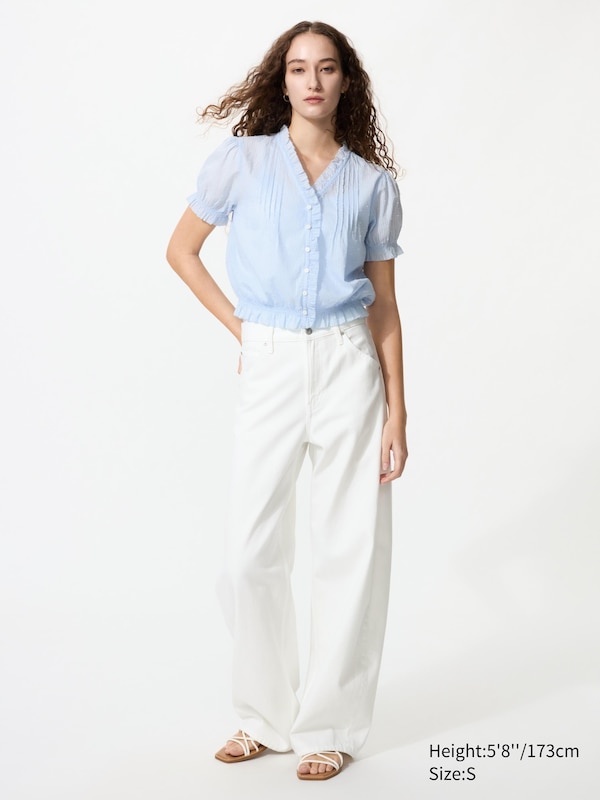 Cotton Dobby V Neck Blouse (Short Sleeve)