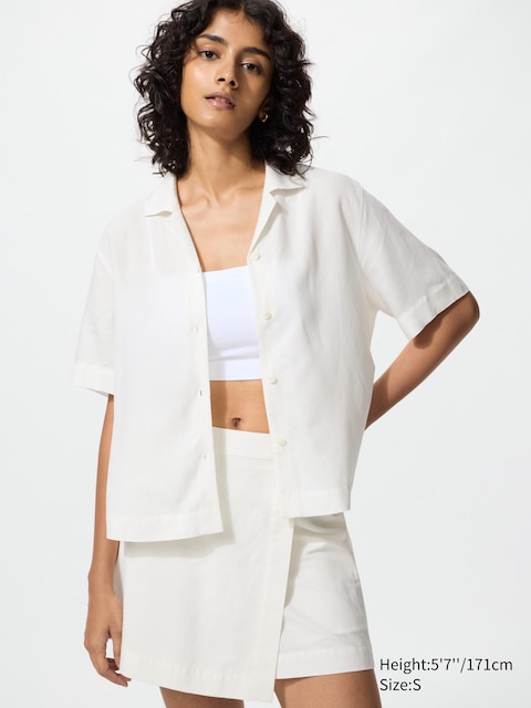 Uniqlo - Chemise À Col Ouvert En Lin Mélangé (Manches Courtes) - Blanc Cassé - Xxs