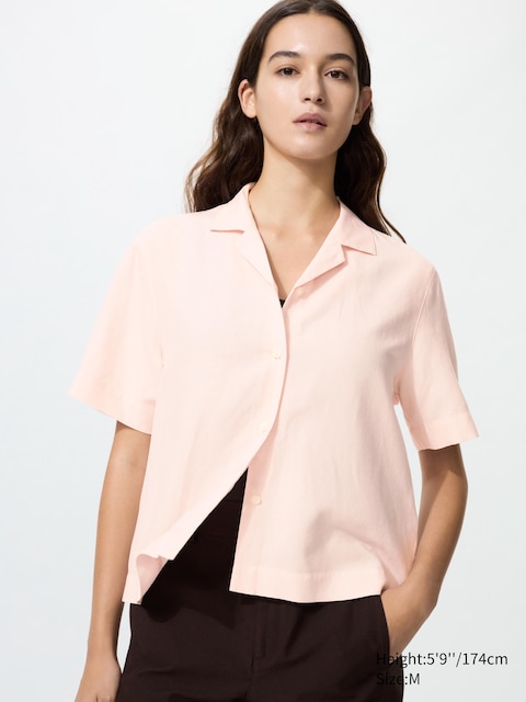 Uniqlo - Chemise À Col Ouvert En Lin Mélangé (Manches Courtes) - Rose - Xs