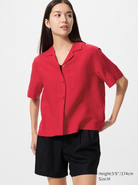 Uniqlo - Chemise À Col Ouvert En Lin Mélangé (Manches Courtes) - Rouge - Xs