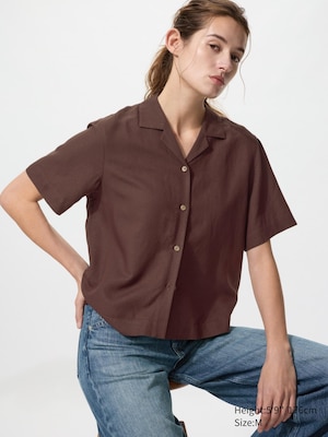 Linen Blend Open Collar Shirt (Short Sleeve)