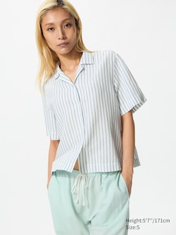 Linen Blend Open Collar Shirt (Striped, Short Sleeve)