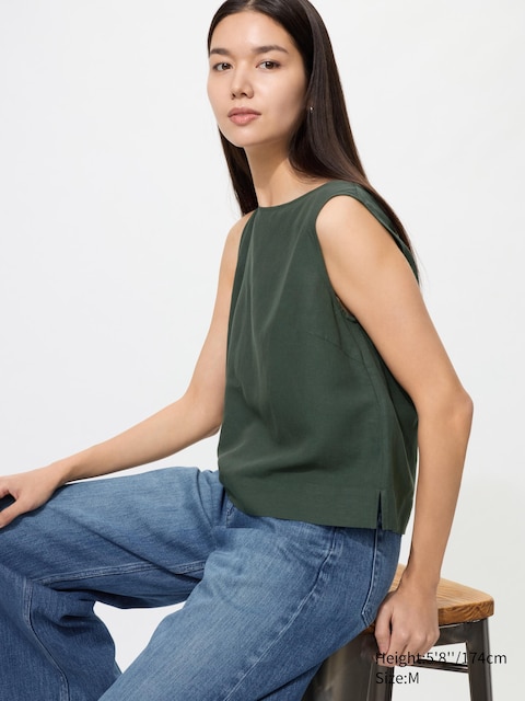 Uniqlo - Blouse En Lin Mélangé (Sans Manches) - Vert Foncé - L