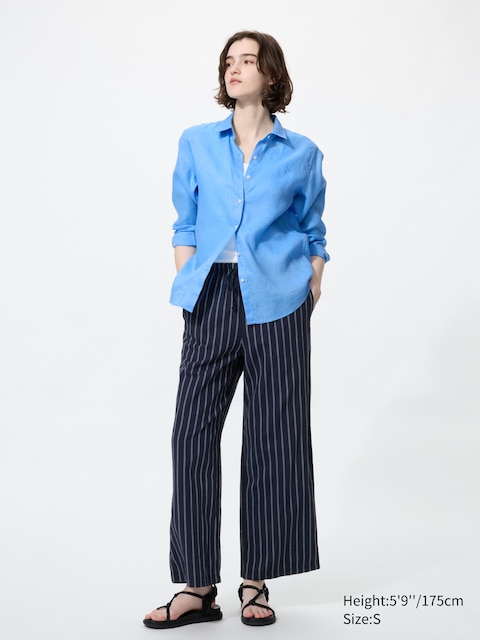 Uniqlo - Pantalon Easy En Lin Mélangé (Rayé) - Bleu Marine - Xxl