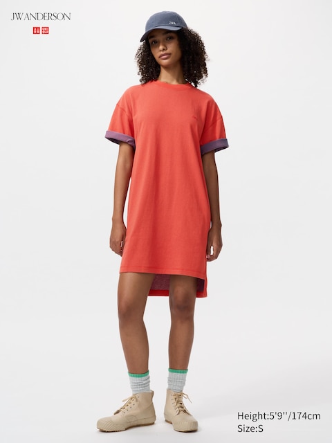 Uniqlo - Robe T-Shirt Oversize (Manches Courtes, Color Block) - Orange - Xxs