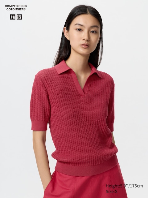 Uniqlo - Pull Style Polo En Coton Pointelle (Col Skipper, Manches Courtes) - Rouge - L