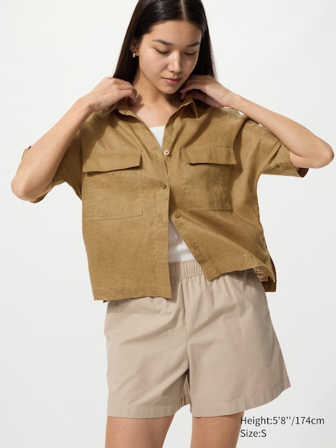 Uniqlo - Chemise 100% Lin Premium (Col Skipper, Coupe Boxy) - Marron - S