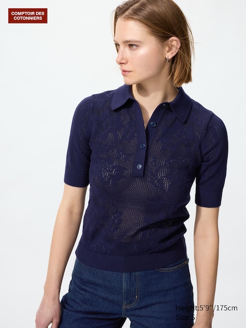 Uniqlo - Pull Col Polo En Coton (Crochet, Manches Courtes) - Bleu - S