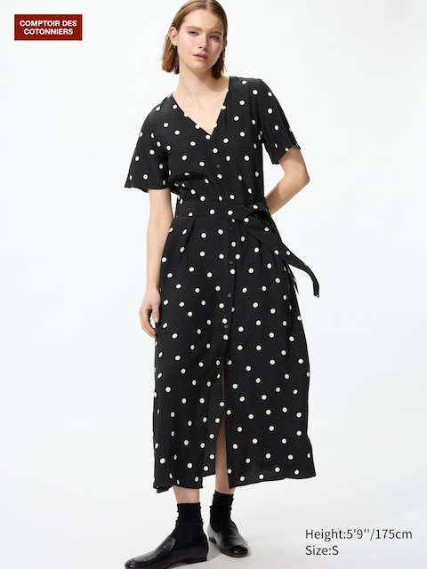 Uniqlo - Robe Longue En Rayonne (Manches Courtes, Imprimé Pois) - Noir - M