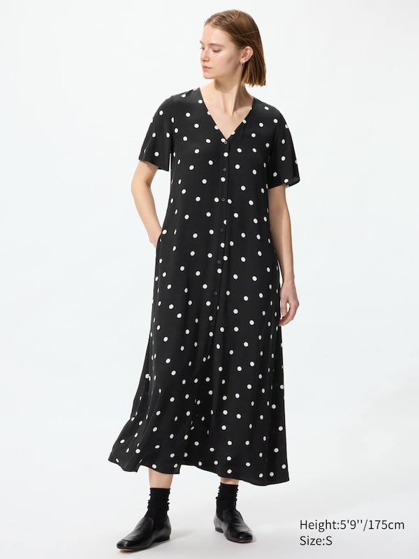 Rayon Long Dress (Short Sleeve, Dotted)