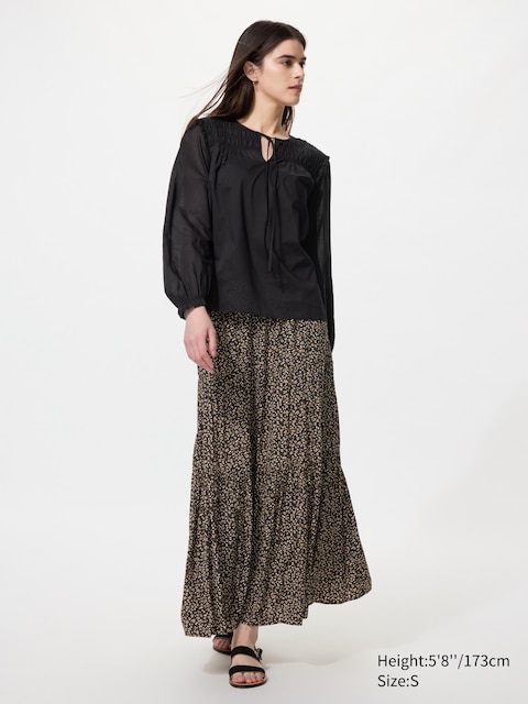 Uniqlo - Jupe Longue À Volants (Imprimée) - Noir - L