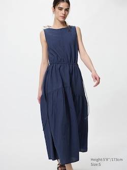 Linen Blend Tiered Dress (Sleeveless, Striped)