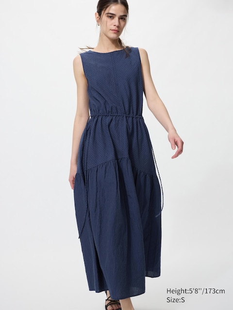 Uniqlo - Robe À Volants En Lin Mélangé (Sans Manches, Rayée) - Bleu Marine - Xxs