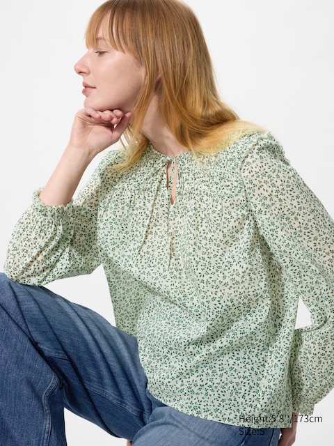 Uniqlo - Blouse Légère En Coton (Froncée) - Vert - Xxs