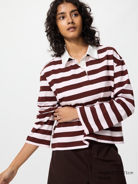 Uniqlo - Polo En Coton Lavé (Manches Longues, Rayé) - Marron Foncé - M