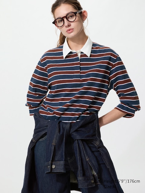 Uniqlo - Polo En Coton Lavé (Manches Longues, Rayé) - Bleu Marine - S