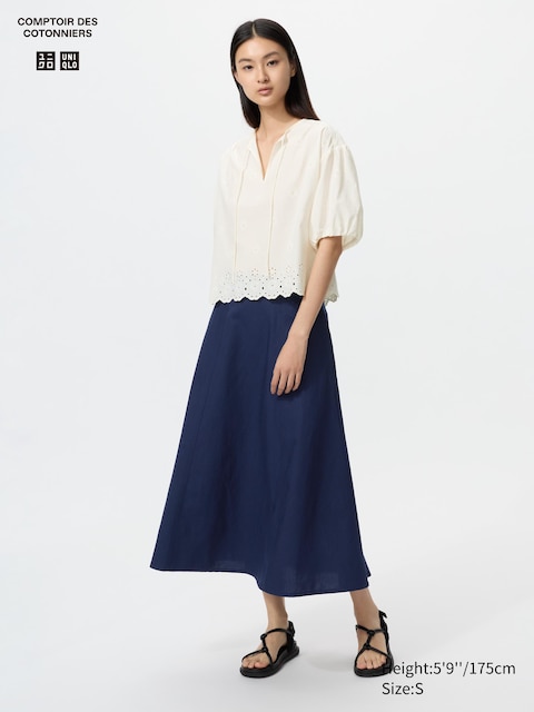 Uniqlo - Jupe Évasée En Lin Mélangé - Bleu Marine - M