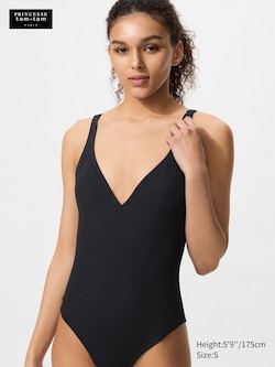 Textured V Neck Padded One Piece Swimsuit