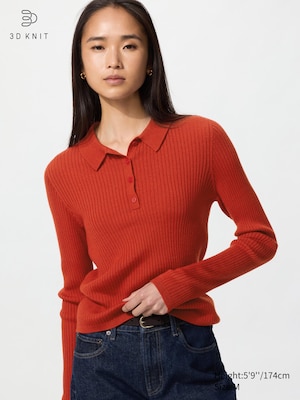 3D Knit Seamless Merino Blend Ribbed Polo Jumper