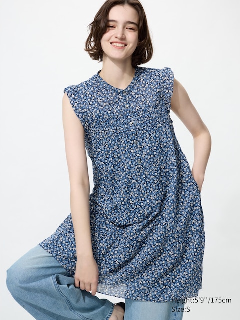 Uniqlo - Robe À Volants En Coton (Sans Manches, Imprimé) - Bleu - S