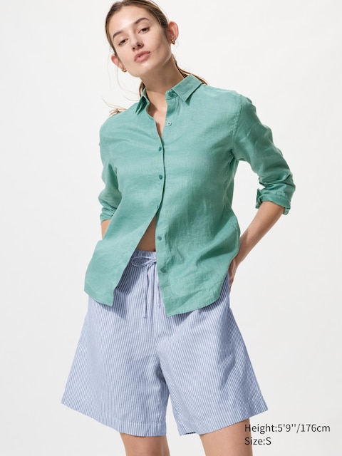 Uniqlo - Short Easy En Lin Mélangé (Rayé) - Bleu - Xl