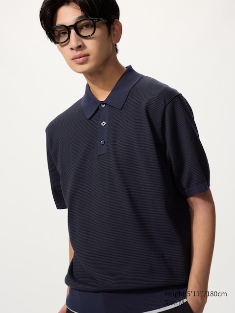 Uniqlo - Polo Rayé En Maille (Lavable En Machine, Manches Courtes) - Bleu Marine - Xxl