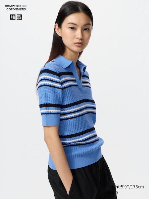 Uniqlo - Pull Style Polo En Coton Pointelle (Col Skipper, Rayé, Manches Courtes) - Bleu - S
