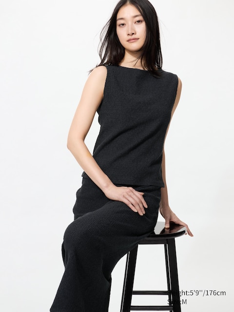 Uniqlo - T-Shirt Froncé (Sans Manches, Col Bateau) - Noir - Xxs