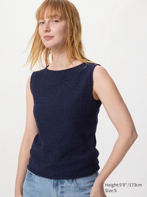 Uniqlo - T-Shirt Froncé (Sans Manches, Col Bateau) - Bleu Marine - Xxs