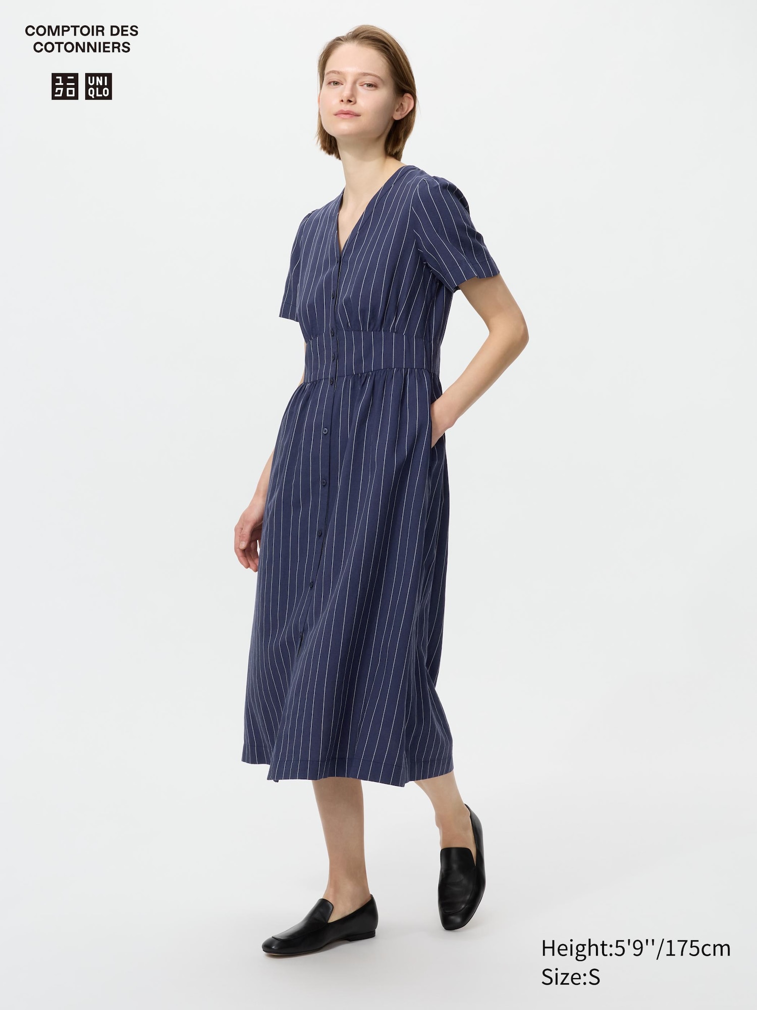 Vestito Misto Lino Scollo a V a Righe