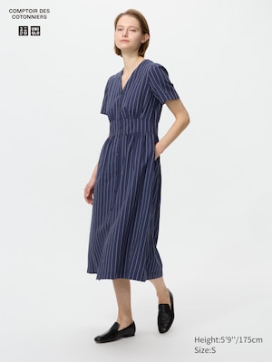 Linen Blend V Neck Dress (Short Sleeve, Striped)
