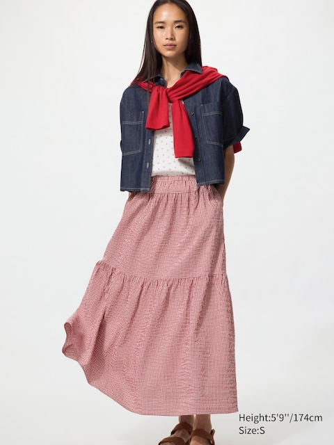 Uniqlo - Jupe Longue À Volants (Vichy, Longue) - Rouge - L