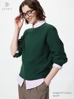 3D Knit Seamless Cotton Crew Neck Volume Sleeve Jumper