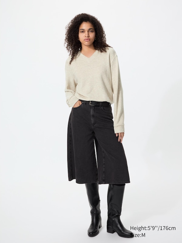Ribbed Knit Fleece V Neck T-Shirt