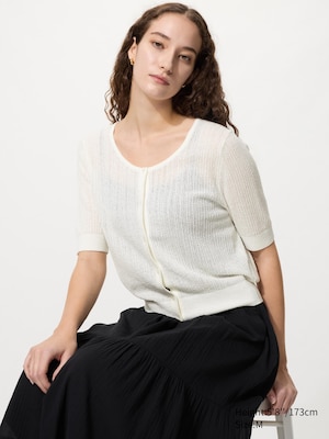 Sheer Lace Crew Neck Cardigan (Short Sleeve)
