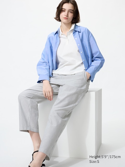 Uniqlo - Pantalon Relax 7/8Ème En Coton (Rayé) - Bleu - Xs
