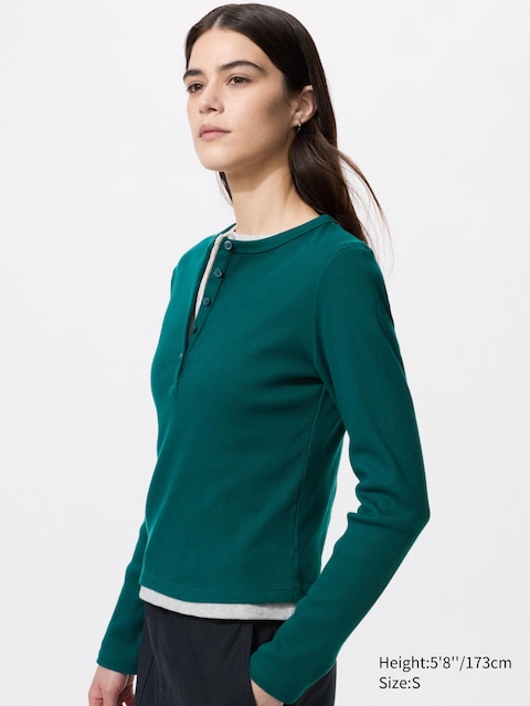 Uniqlo - T-Shirt À Col Tunisien (Manches Longues) - Vert Foncé - S