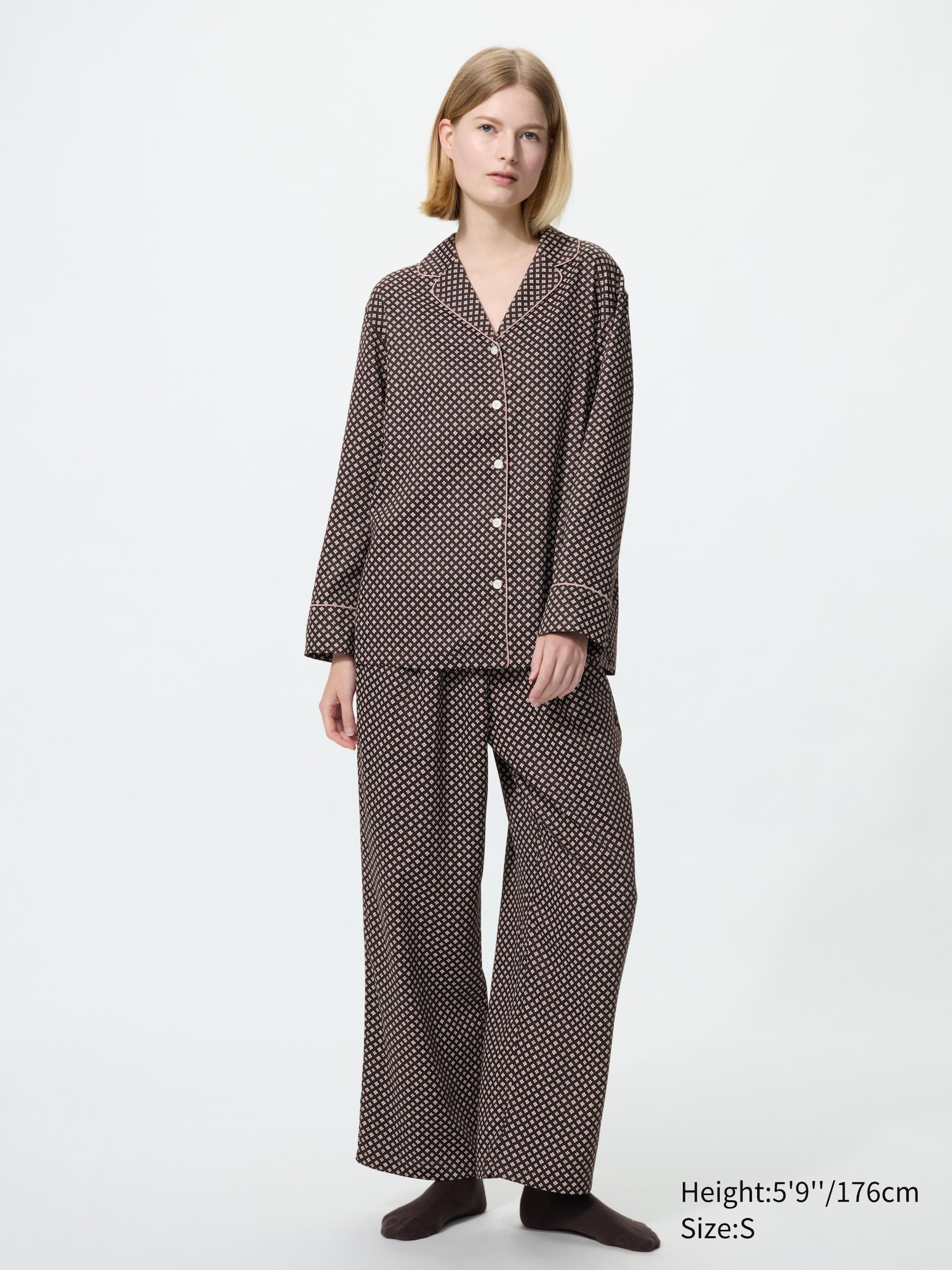 Saten Pijama (Desenli, Uzun Kollu)