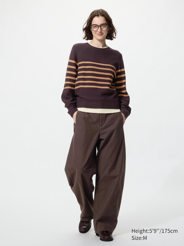 3D Knit Seamless Cotton Crew Neck Volume Sleeve Jumper (Striped)